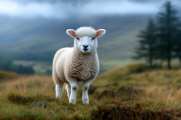 Obraz premium a photograph of an adult sheep standing in a grassy field, looking at the camera