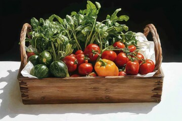Fresh local vegetables in rustic basket farm still life photography soft afternoon light eyelevel angle