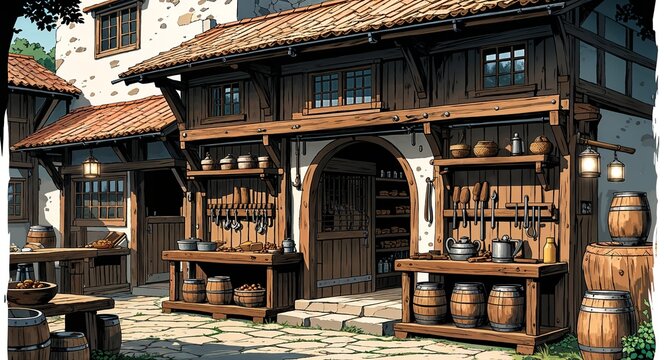Medieval blacksmith shop building design on manga design illustration background