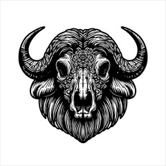 Illustration vector of Buffalo skull head in black white ink 