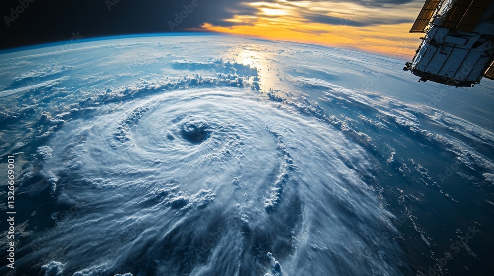 Poster Observing a powerful hurricane swirling above the ocean as the sun sets in the background. Satellite transmission enables real-time telemetry and geospatial analysis for effective monitoring.