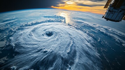 Observing a powerful hurricane swirling above the ocean as the sun sets in the background. Satellite transmission enables real-time telemetry and geospatial analysis for effective monitoring.