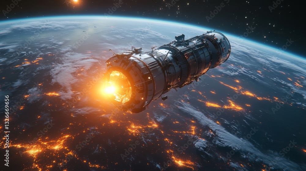 Aufkleber a spacecraft is maneuvering in low earth orbit, showcasing advanced propulsion technologies. bright 
