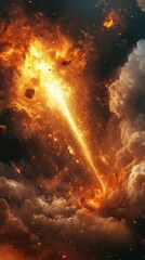 A celestial event involving a massive meteor shower through clouds