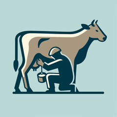 illustration of dairy farmer is milking a cow