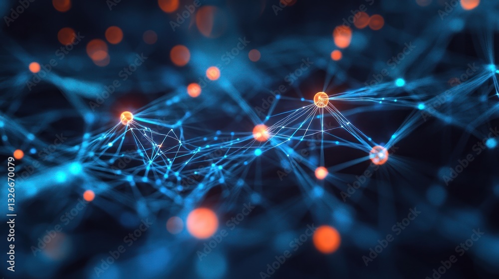 Poster abstract technology background with glowing blue and orange network connections illustrating data fl