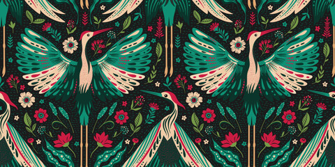 Naklejka premium Seamless Vintage Forest Woodland Pattern Ethnic Folk Art Crane Birds Flowers And Leaves Motif On A Dark Boho Background