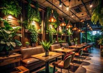 Fototapeta premium Dark Cafe Interior: Urban Chic Restaurant with Plants & Booths