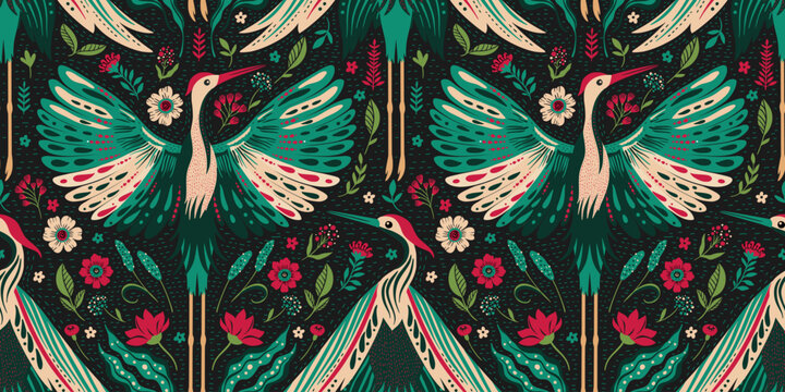 Seamless Vintage Forest Woodland Pattern Ethnic Folk Art Crane Birds Flowers And Leaves Motif On A Dark Boho Background