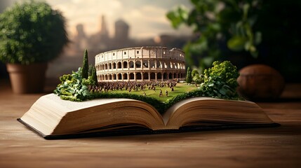Captivating image of the grand Roman Colosseum emerging from the pages of an open book transporting the viewer to the heart of ancient Roman civilization and its legendary gladiatorial spectacles