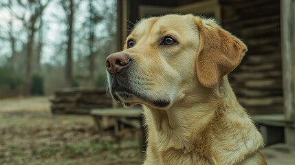Dog gazing upwards with curiosity in a natural outdoor setting during daytime