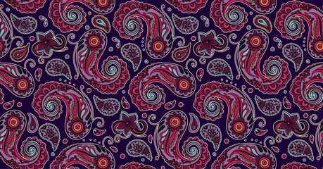 Highly Detailed Seamless Paisley Pattern Featuring Hand-Drawn Ornamental Swirls, Floral Elements And Curves