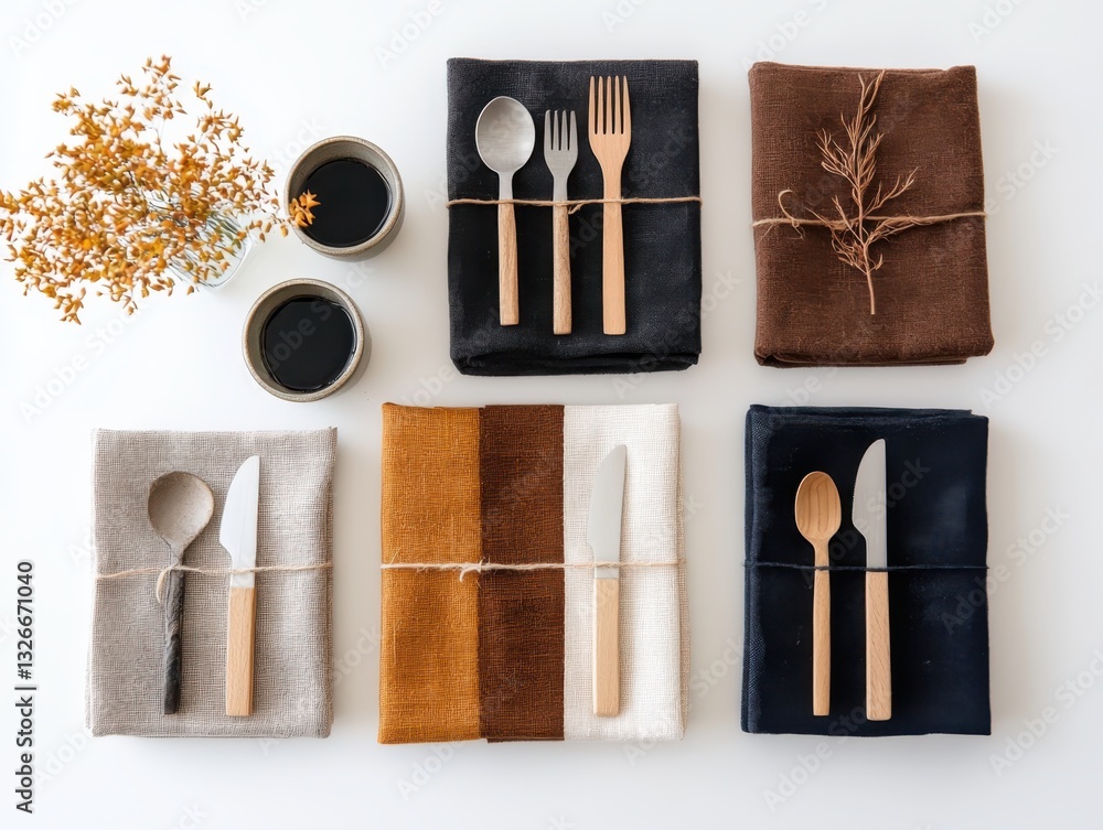 Poster handmade linen napkins displayed on a rustic table soft natural light topdown view earthy tones for 