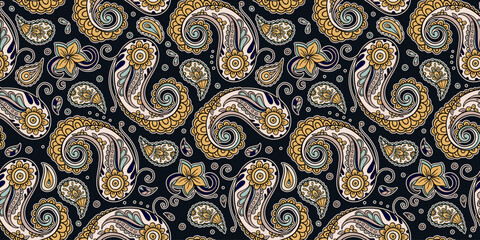 Batik Paisley Vintage Pattern With Swirls Seamless Floral Ornament Decorative Ethnic Boho Indian Bohemian Style