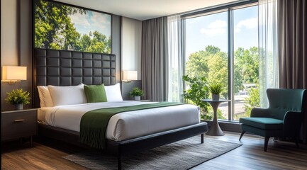 Modern Bedroom Features Large Windows and Contemporary Comfortable Furniture