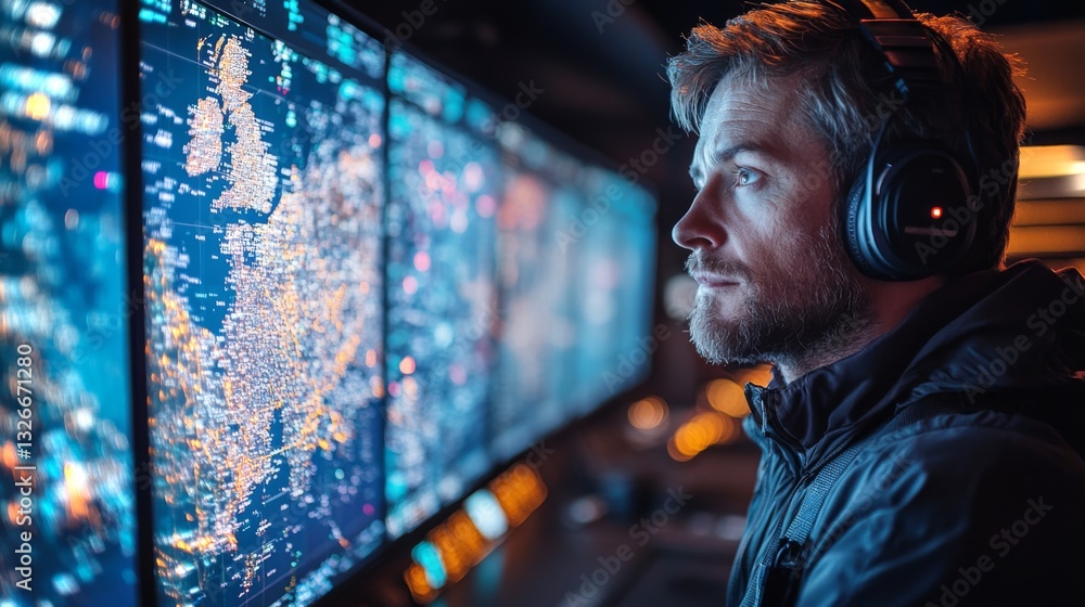 Aufkleber A technician in a control room analyzes real-time telemetry and positioning data displayed on multiple screens. The environment is equipped for satellite communication and tracking.