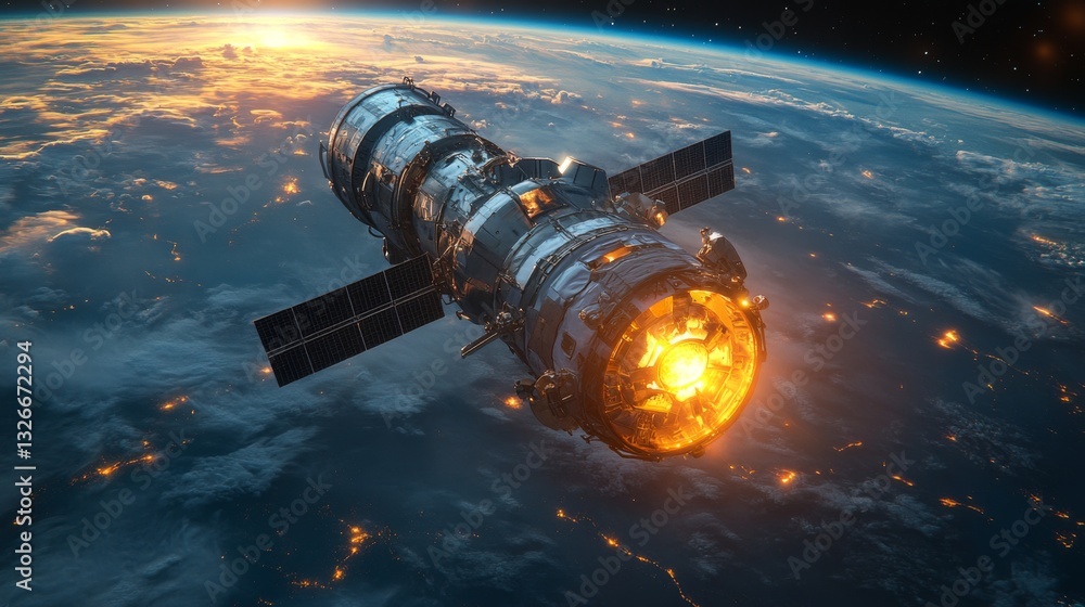 Poster a spacecraft orbits earth, actively transmitting telemetry signals. with solar panels deployed, it s