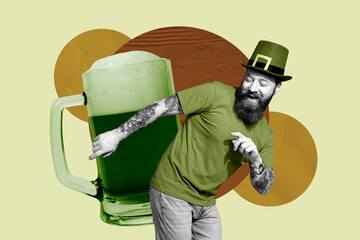 Exclusive sketch collage of happy guy dance big beer glass pub celebration event alcohol chill saint patrick day irish tradition