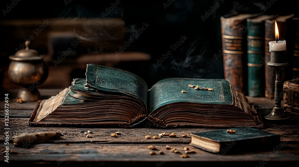 Poster a captivating photograph showcasing an enchanting tableau of an ancient library filled with scholars