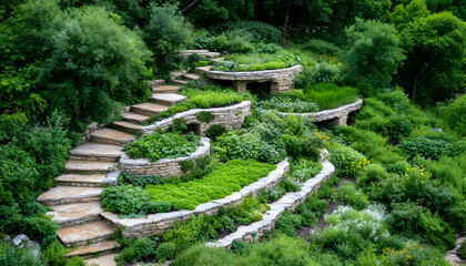 Serpentine stone steps and terraced gardens ascend a hillside. Lush greenery fills raised beds