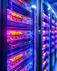 Server racks illuminated with vibrant colors