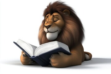 Lion Enjoys Reading a Captivating Book in a Whimsical Cartoon World