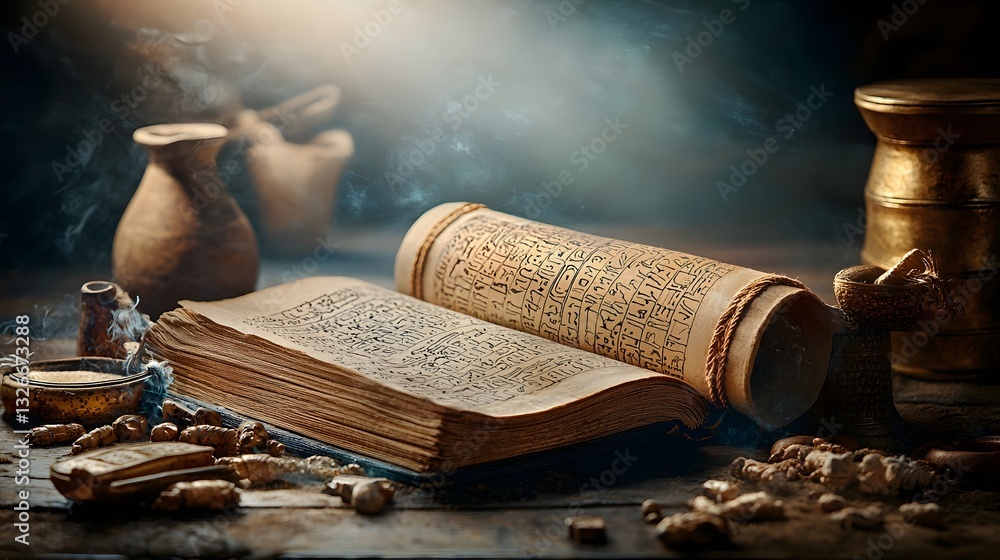 Poster glowing ancient scroll projecting from mystical antique book revealing secrets of lost civilizations