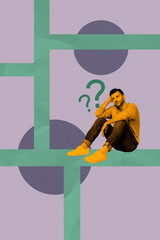 Zine art poster trend collage image of minded guy sit maze trap riddle question mark decision...