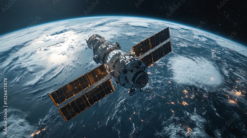 Poster a detailed view of a satellite equipped with solar panels, currently in geostationary orbit. it is t