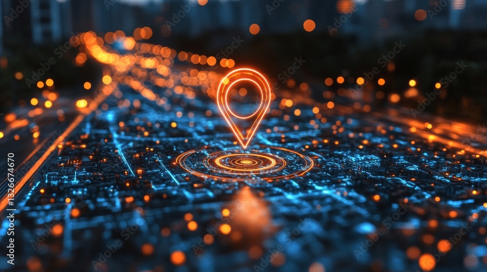 Poster bright digital signals illuminate an urban area, highlighting the integration of satellite technolog
