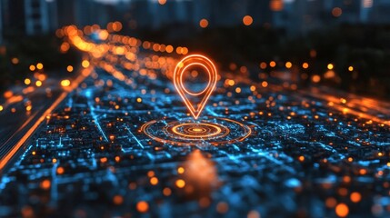 Bright digital signals illuminate an urban area, highlighting the integration of satellite technology for precise navigation and tracking.