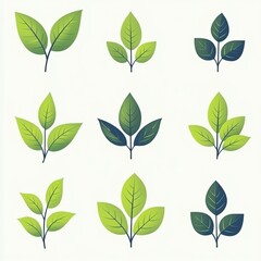 Green leaf vector icon set isolated on white background, simple flat design logo style. Collection of green tea leaves symbols for natural, organic products, and environmental protection concepts. Per