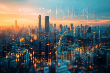 Fototapeta premium Futuristic city landscape with digital data overlay during sunset time