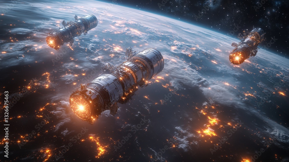 Poster Three spacecraft are operating in Earths orbit, utilizing advanced technology to transmit telemetry and GPS signals. These satellites enhance global positioning capabilities for various applications.