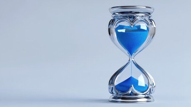Heart-shaped hourglass, flowing blue sand, light blue background