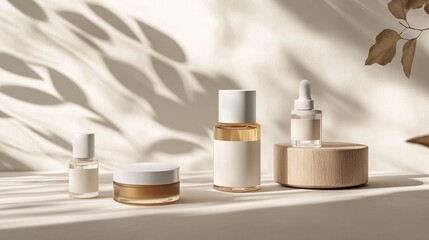 Modern Minimalist Skincare Essentials with Soft Shadows on Clean Background