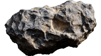 An ancient asteroid, weathered and cracked, cut out and isolated on a transparent background, with detailed surface craters and a rough texture
