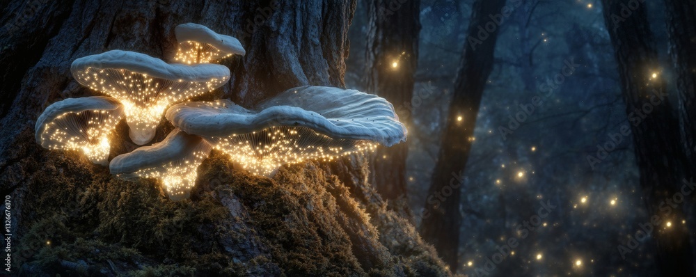 Poster illuminated mushrooms are growing on a tree trunk within a forest setting