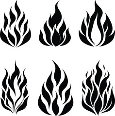Stylized Fire Flame Clipart Icons Set. Burning Flames Symbol Black Silhouette Vector Pack. Sharp and Bold Flame Isolated on White Background.