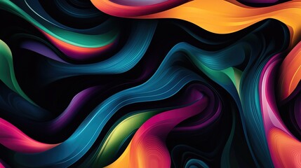 Elegant abstract background with dark blue and purple waves, accented with orange and pink, on a black backdrop, high-resolution vector illustration