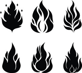 Stylized Fire Flame Clipart Icons Set. Burning Flames Symbol Black Silhouette Vector Pack. Sharp and Bold Flame Isolated on White Background.
