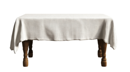 A white, textured tablecloth gracefully draped over a wooden dining table, cut out and isolated on a transparent background, featuring soft folds and an elegant look