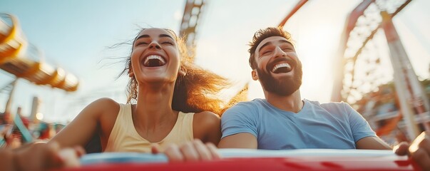 Happy couple laughing and having fun on a rollercoaster ride