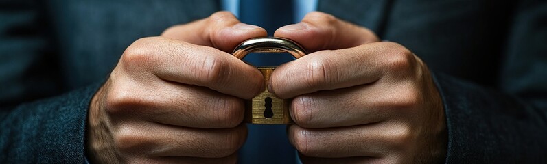 Hands Holding Brass Padlock, Symbolizing Security and Protection