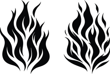 Stylized Fire Flame Clipart Icons Set. Burning Flames Symbol Black Silhouette Vector Pack. Sharp and Bold Flame Isolated on White Background.