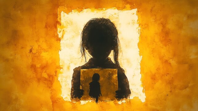 Watercolor illustration of woman holding missing person poster, conveying emotions on human trafficking against stark background
