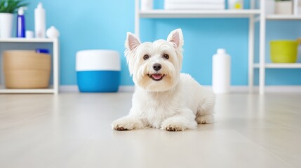 A cheerful white dog lies on a light floor, surrounded by colorful containers in a bright, modern room.