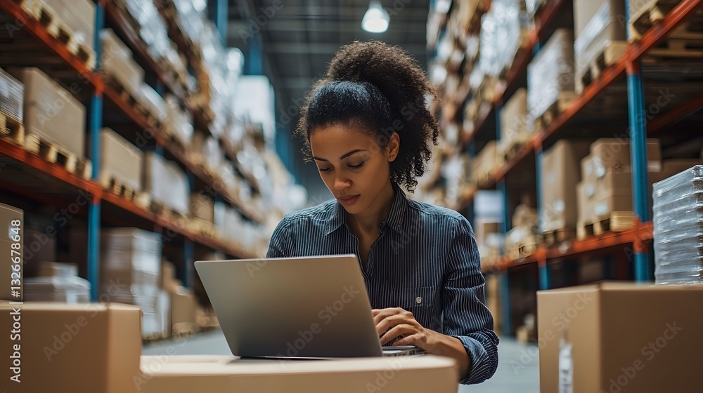 Poster warehouse manager using laptop checking inventory in logistics center