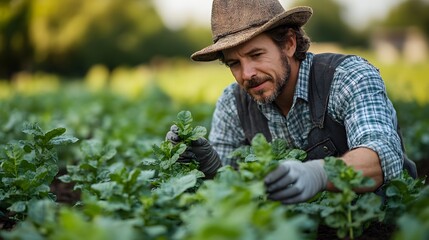 Smiling Farmer Harvesting Green Crops in a Sunlit Agricultural Field