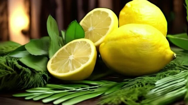 Lemon with leaves for celebration holiday sukkot, abstract vivid composition consists of background
